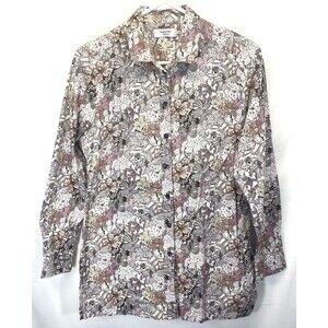 Double TWO Womens Size UK 12 US 8 Button Up Long Sleeve Floral 100% Cotton Shirt